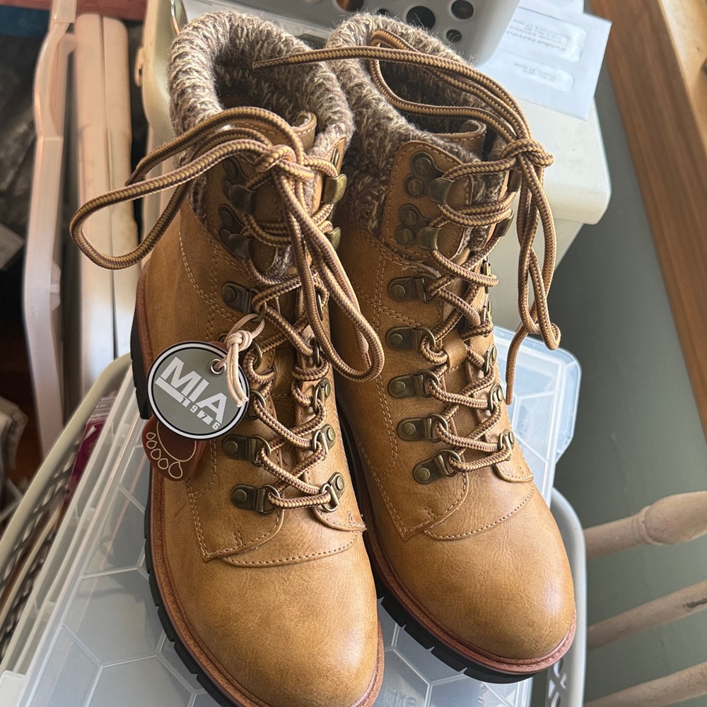 MIA Tan Lace-Up Boots with Cozy Lining